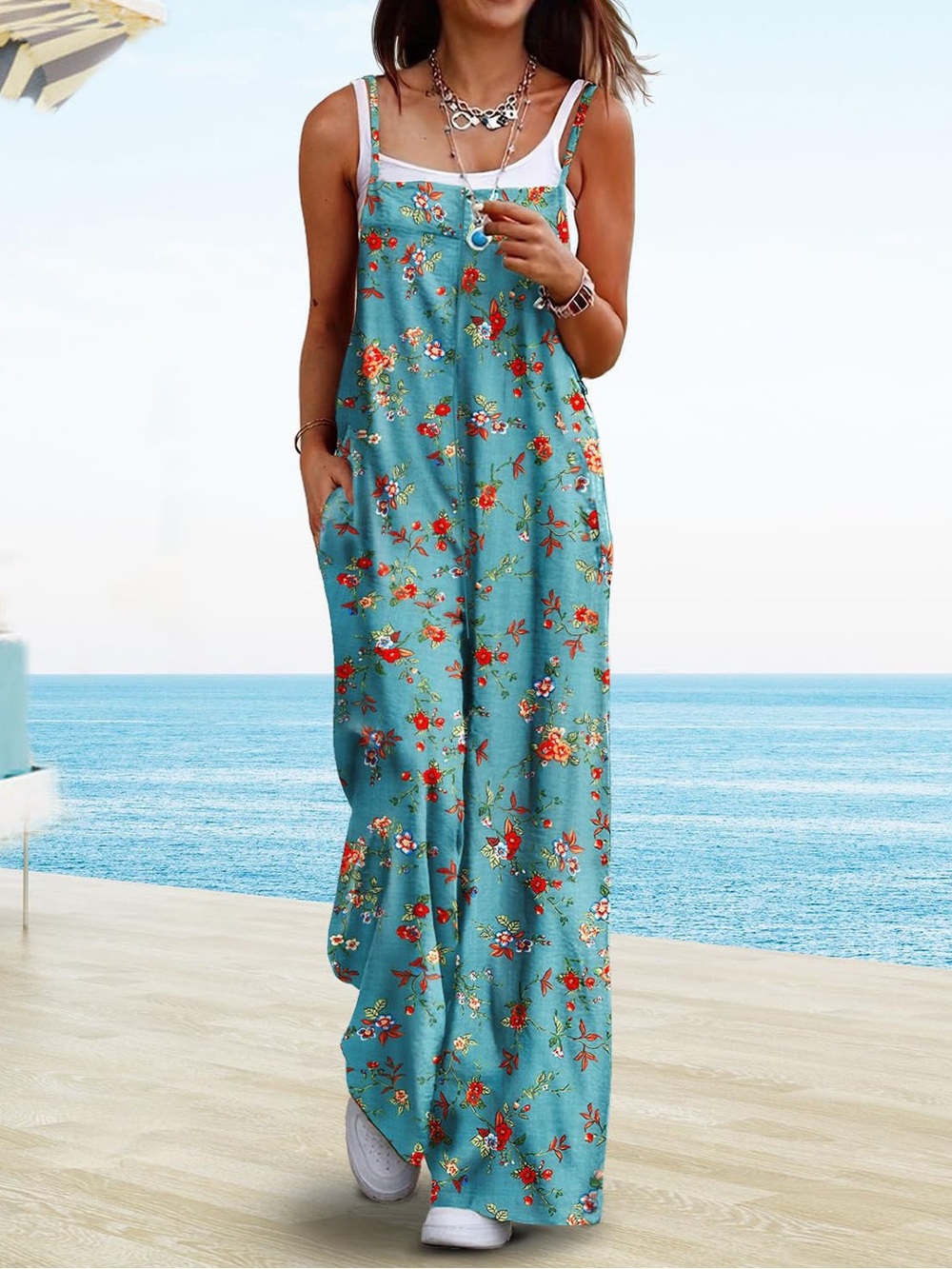 Turquoise Floral Wide-Leg Summer Jumpsuit
